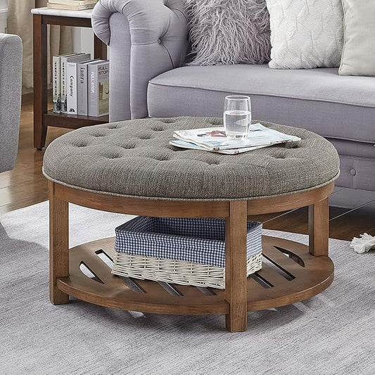 24KF Large Round Upholstered Tufted Linen Ottoman Coffee Table, Large Footrest Ottoman with Wood Shelf Storage-Granite