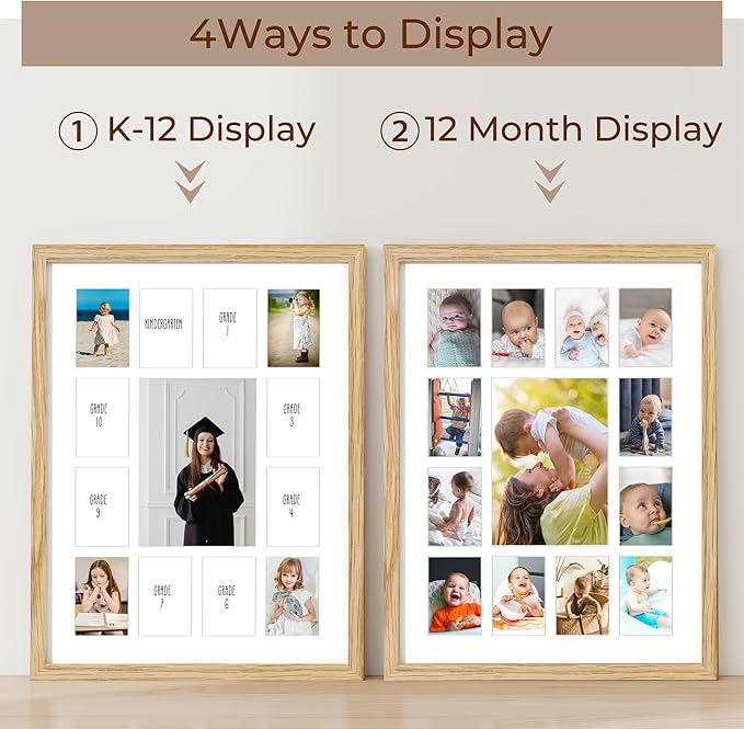 Axeman 12x16 School Years Picture Frame K-12 Day Graduation Photo Collage Solid Oak Picture Frame With Mat - Displays One 5x7 Photo and Twelve 2.5x3.5 Pictures, Hanging Hardware Included, Natural