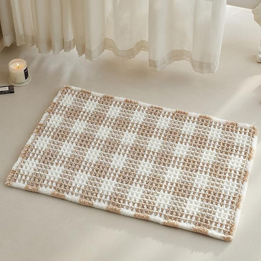 Waffle Bath Mat, Boho Bathroom Rugs Non Slip Washable Absorbent Checkered Bathroom Mat Quick Dry Farmhouse Bathroom Decor, 30"x20" Khaki and White