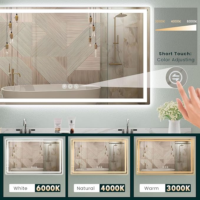 LED Mirror for Bathroom 36"x 60" with Frontlit and Backlit, Anti-Fog Mirror with Lights, Stepless 3 Colors Temperature & Dimmable Bathroom Mirror