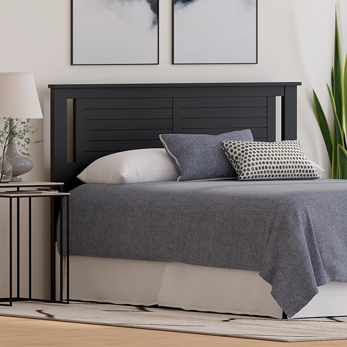 Serene Poplar Wood Queen Headboard, Modern Farmhouse Panel with Horizontal Scoring, Queen Size Headboard in Black, Casual Coastal Style, Easy Assembly, Quality Materials