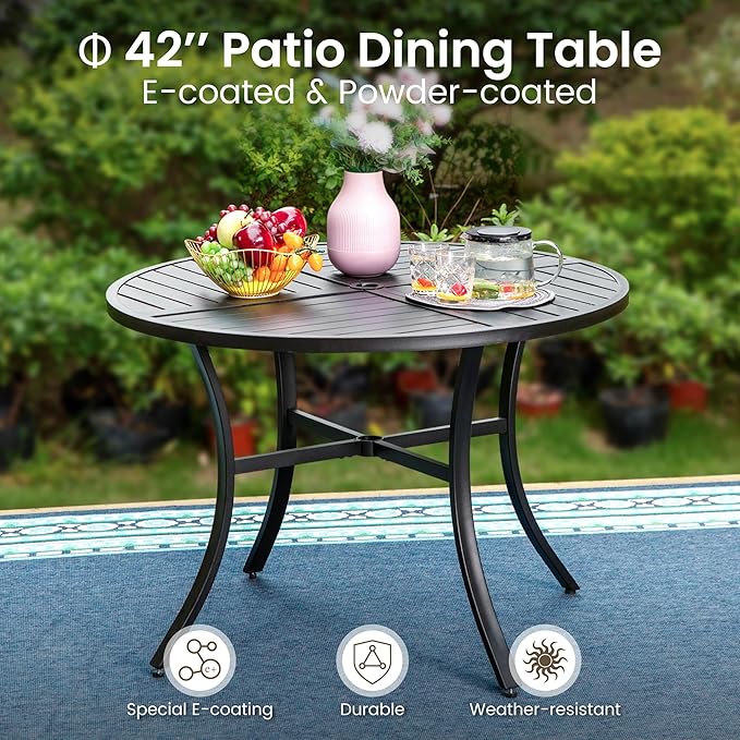 PHI VILLA 5 Piece Patio Dining Table Set for 4, 42” Round Steel Dining Table with Umbrella Hole & 4 Cushioned Wicker Chairs for Outdoor, Deck, Yard, Porch