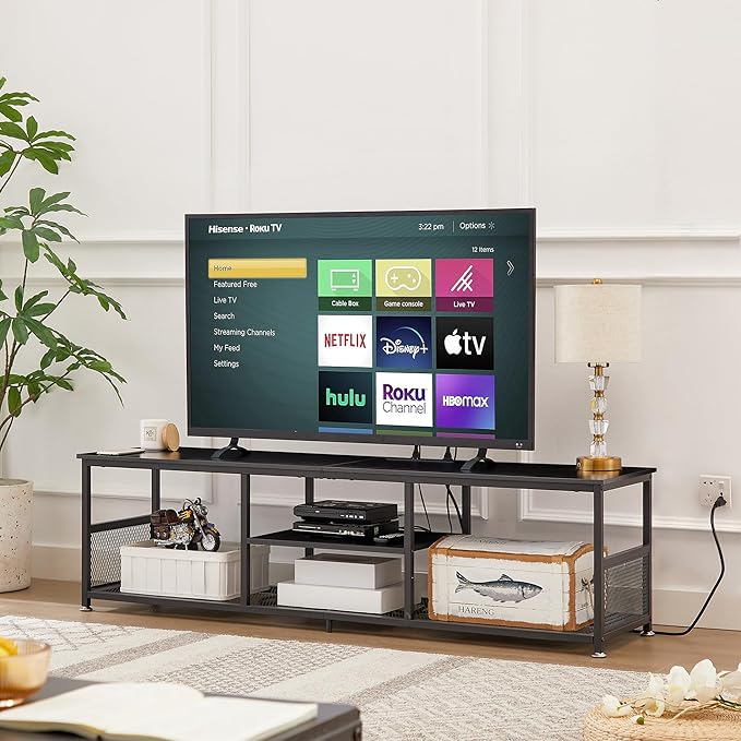 VECELO TV Stand with Power Outlets for Televisions up to 65Inch, 55" Media Entertainment Center with Charging Station 3-Tier Open Storage Shelves with Metal Frame for Living Room/Bedroom，Black