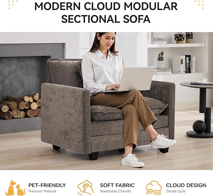 41'' Modern Chenille Oversized Chair, Upholstered Accent Living Room Chair with Extra Thicked Deep Seat, Single Lounge Chair for Bedroom, Small Apartment, Brown