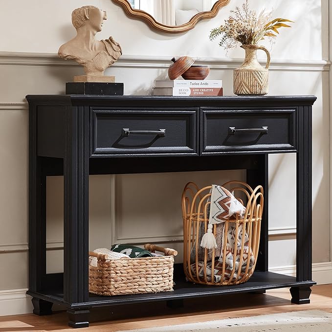 Farmhouse 46" Console Table with 2 Drawers, Rustic Wood 2 Tier Entryway Table with Open Storage Shelf for Entry, Large Mid-Century Vintage Sofa Tables Behind Couch for Living Room, Black