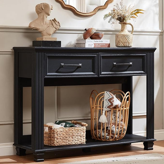 Farmhouse 46" Console Table with 2 Drawers, Rustic Wood 2 Tier Entryway Table with Open Storage Shelf for Entry, Large Mid-Century Vintage Sofa Tables Behind Couch for Living Room, Black