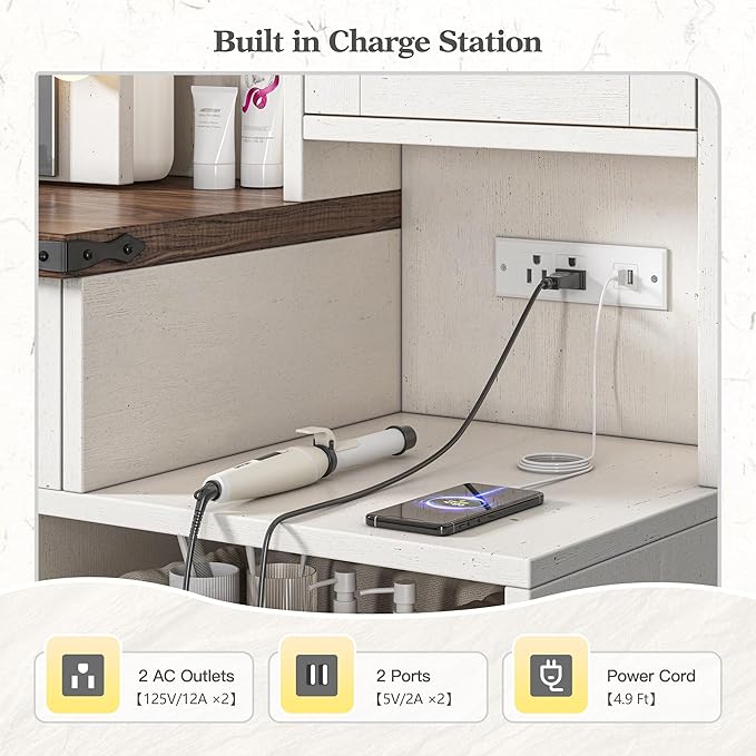 EnHomee 47.2" Farmhouse Makeup Vanity Desk with Sliding HD Mirror and Lights, White Vanity Table with 4 Drawers & RGB Cabinets, Modern Lighted Vanity Table for Bedroom, Antique White