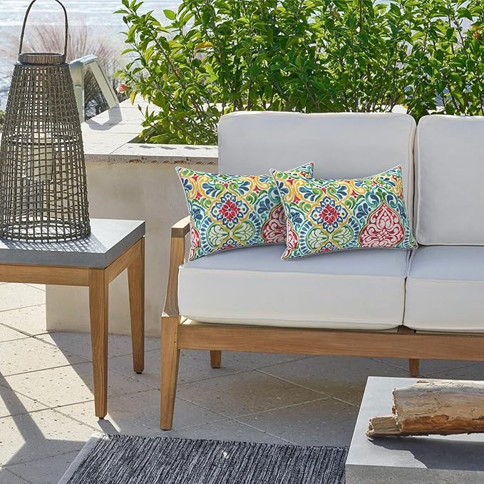 LVTXIII Outdoor Lumbar Pillow Covers 12"x20", Covers ONLY, 2 Pack 30x50cm Lumbar Cushion Cover with White Piping for Home Patio Garden Sofa Bench, Damask Red