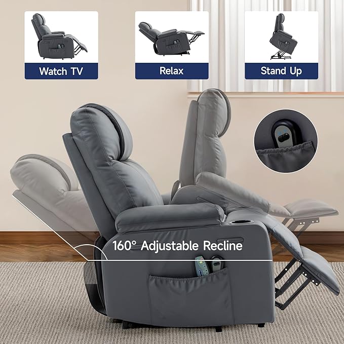 Power Lift Recliner Chair for Elderly with Massage & Heat, 160° Adjustable PU Leather Electric Recliner with Remote, Cup Holders, Side Pockets, and Stand Assist for Living Room, Bedroom (Gray)