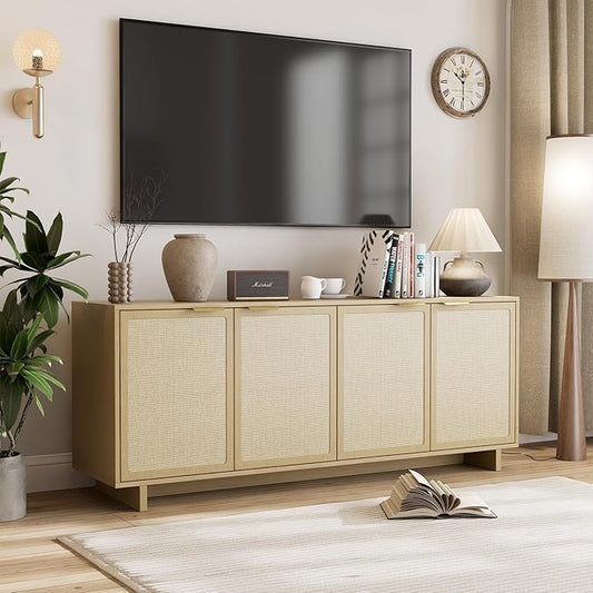 TV Stand for Living Room, Boho Entertainment Center for Bedroom with Adjustable Shelves, Farmhouse Television Stands with Large Storage, Media Console Table for TVs up to 45 50 55 60 65in