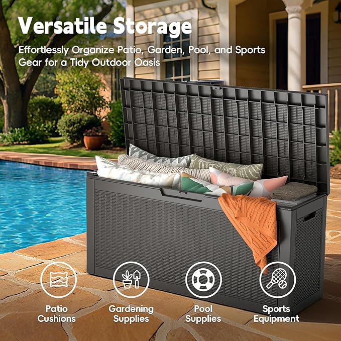 Outdoor Storage Box, 60 Gallon Waterproof Resin Deck Box, Storage Bin for Package Delivery, Patio Furniture Cushion, Garden Tools, Pool Accessories, Weatherproof and UV Resistant, Black