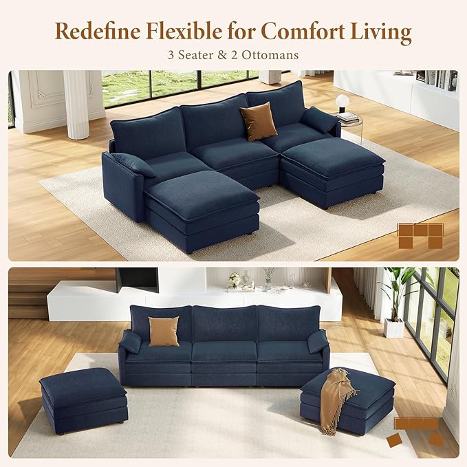 Vesgantti 108" U Shaped Sectional Couch, Comfy Cloud Modular Sectional Sofa with 2 Ottoman Deep Seat Chenille Modern Cloud Sofa, Modular Sofas for Living Room, Bedroom and Apartment, Blue