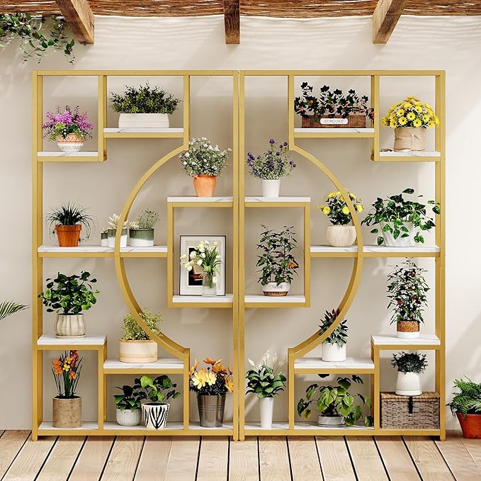LGHM White and Gold Bookshelf Set of 2 with Metal Frame, 5 Tier Geometric Bookcase, Adjustable Modern Book Shelf with 18 Open Storage Shelves, Display Shelf for Living Room, Office, Bedroom