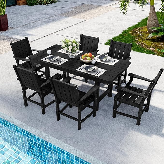 7-Piece HDPE Outdoor Dining Set, Wood-Like Design Outdoor Table and Chairs with Elegant Armrest, All-Weather Patio Table and Chairs Set with Umbrella Hole for Porch, Poolside, Black