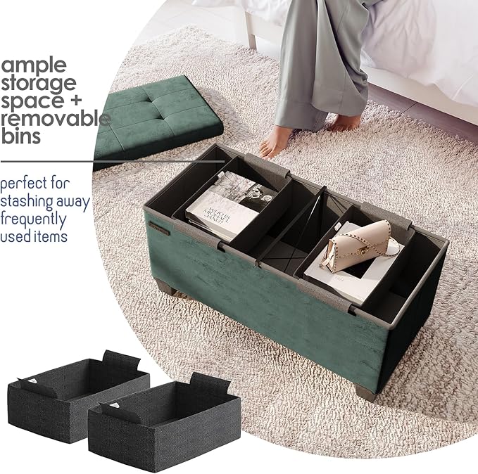 STORAGEBUD Storage Ottoman Bench with Bins, 30-in Storage Bench for Bedroom End of Bed, Folding Foot Rest Ottoman for Living Room Max 660lbs, Velvet Ottomans, Green
