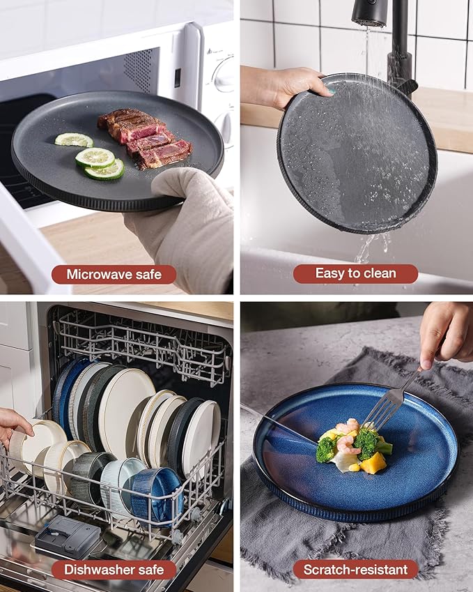 Famiware Star Dinnerware Set with Mugs, Service for 4 (16pcs), Ribbed Stoneware Plates and Bowls Dishes Sets - Chip & Scratch Resistant, Microwave & Dishwasher Safe, Matte Dark Charcoal