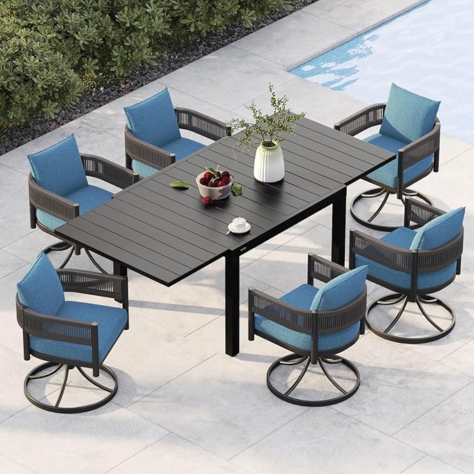 Grand patio 7-Piece Outdoor Dining Set for 6 with 1 Rectangle Expandable Table for 4-6 Person, Metal Woven Wicker Swivel Patio Chairs with Thickened Cushions for Yard, Poolside, Deck (Brown)