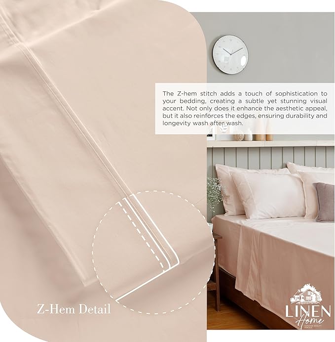 Linen Home 100% Cotton Percale Sheets Full Size, Sand Shell, Deep Pocket, 4 Pieces Set - 1 Flat, 1 Deep Pocket Fitted Sheet and 2 Pillowcases, Crisp Cool and Strong Bed Linen