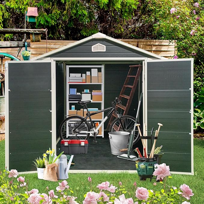 6x8 FT Outdoor Storage Shed, Resin Garden Shed with Thick Floor, Plastic Storage Shed with Window, Waterproof Outside Tool Shed with Lockable Hinged Doors for Backyard, Patio, Lawn, Black