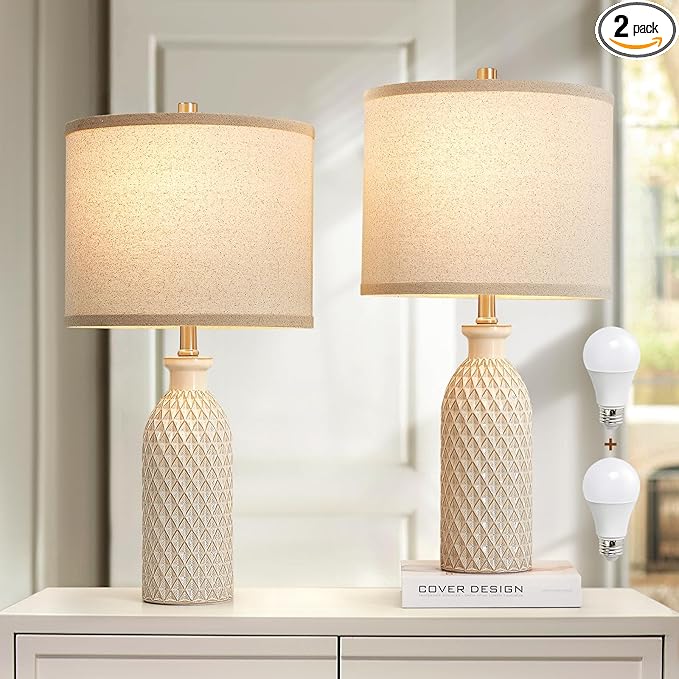 Luvkczc Ceramic Table Lamps Set of 2, Farmhouse 24.8" Bedside Lamps with 3-Color Temperature, Modern Nightstand Lamp Desk Reading Lamp for Bedroom, Living Room, Office, 2 Bulbs Included