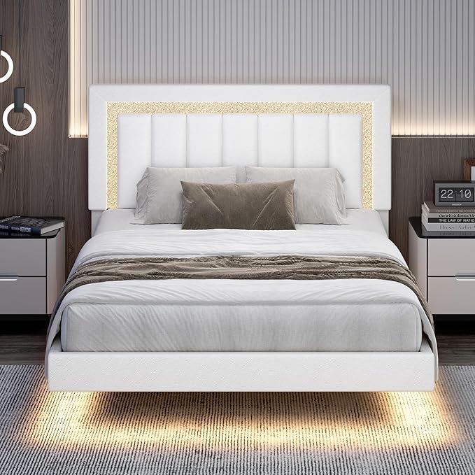 HOMBCK Floating Bed Frame Queen with Smart LED Lights, Faux Leather Upholstered Bed with Diamond PU Headboard, No Box Spring Needed, Noise-Free, Easy Assembly, White