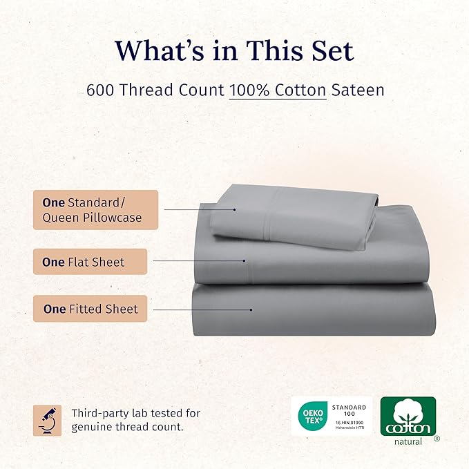 California Design Den Luxury Twin Sheet Set - 100% Cotton, 600 Thread Count Deep Pocket Twin Sheets, Hotel-Quality Bedding with Soft Sateen Weave - Mist Grey