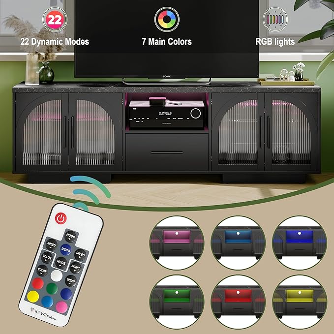 70" TV Stand for 80 Inch TVs, Entertainment Center with LED Lights and Arched Glass Doors, Faux Marble Wood Finish, Adjustable Shelves, Modern TV Cabinet for Living Room, Black