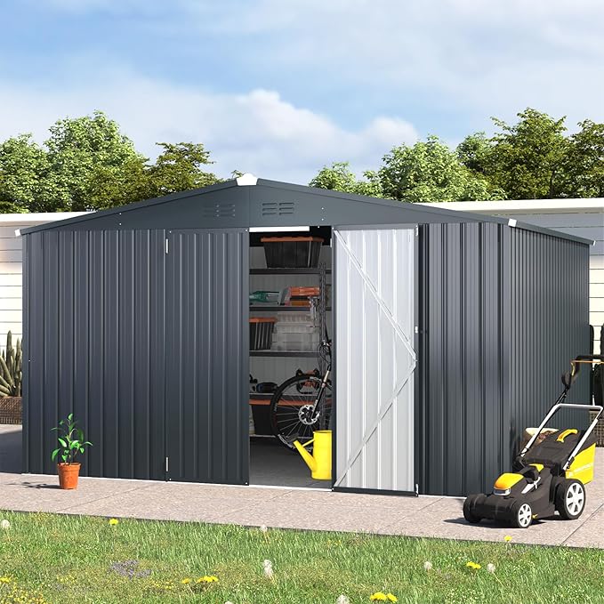 AECOJOY 12' x 12' Outdoor Storage Shed, Dark Grey Large Metal Sheds & Outdoor Storage Clearance Steel Yard Shed with Lockable Doors, Utility and Tool Storage Garden Shed for Backyard
