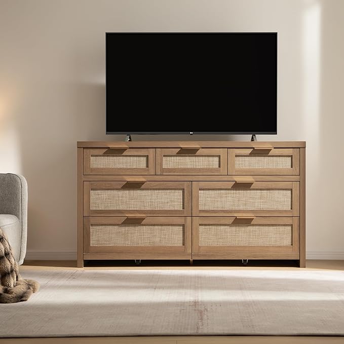 SICOTAS 7 Drawer Dresser for Bedroom, 57" Wide Rattan Dressers, Large Chest of Drawers for Bedroom, Dresser TV Stand, Boho Closet Organizer (Reclaimed Caramel Oak, 7 Drawers (1 pc))