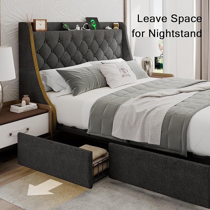 Full Size Bed Frame with 4 Storage Drawers, Upholstered Bed Frame with Large Wingback Headboard, Charging Station, No Box Spring Needed, Dark Grey