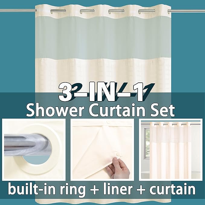 Extra Long No Hook Shower Curtain with Snap in Liner Set, Hotel Luxury Beige Shower Curtains for Bathroom with See Through Top Window, Waterproof, Washable 71W x 84H