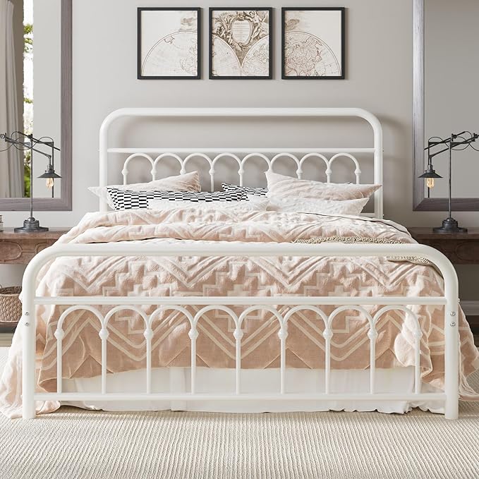 Allewie 14 Inches Full Size Metal Platform Bed Frame with Victorian Style Curved Iron-Art Headboard/Footboard, Metal Slats Support, Easy Assembly, Under Bed Storage, No Box Spring Required, White