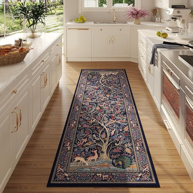 Runner Rug Vibrant Tree of Life-Patterned Vintage Kitchen Rugs Non Slip Washable Soft Carpet Runner for Laundry Bedroom Bathroom, Blue