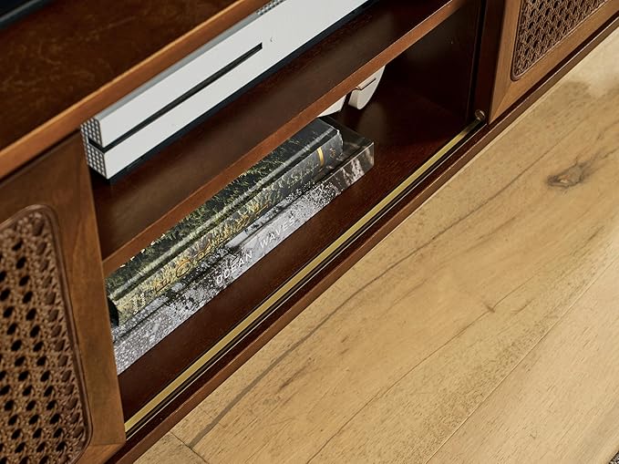 68 Inch Mid Century Modern TV Stands with Rattan Doors, MCM Entertainment Center Media Console for 60/65/70/75 inch TVS, Long Boho Television Stand for Living Room, Dark Walnut