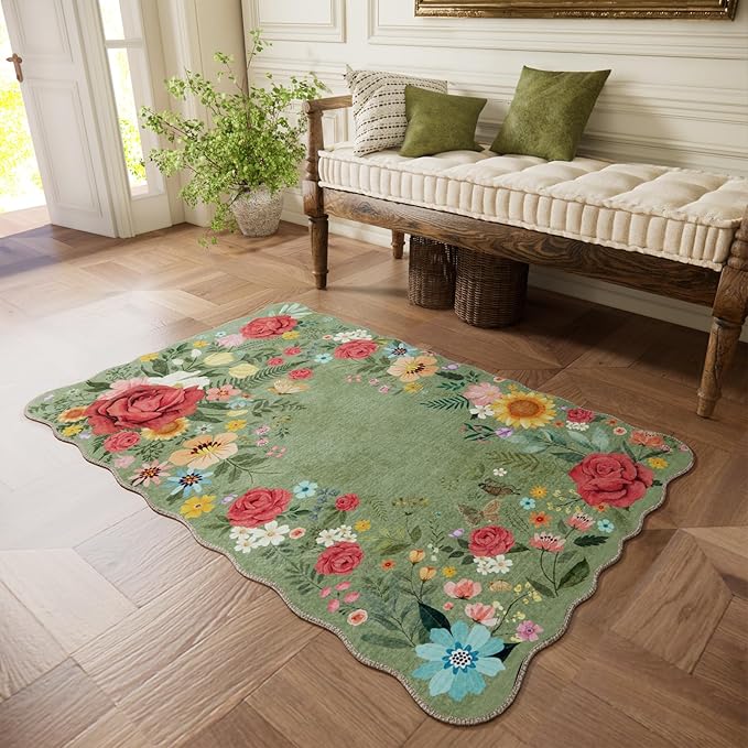 Floral Washable Area Rug 3'x5' Non Slip Boho Vintage Low Pile Soft Carpet for Living Room, Dining Room, Bedroom High Traffic Areas Indoor Rug for Bathroom, Entryway Decor (Green