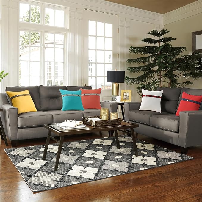 Outdoor Sunbrella Decorative Pillows with Triple Coconut Buttons Pack of 4, 16" x 16" Outdoor Pillow Set for Couch Bed Throw Patio Sofa, Canvas Aruba/Cast Ash