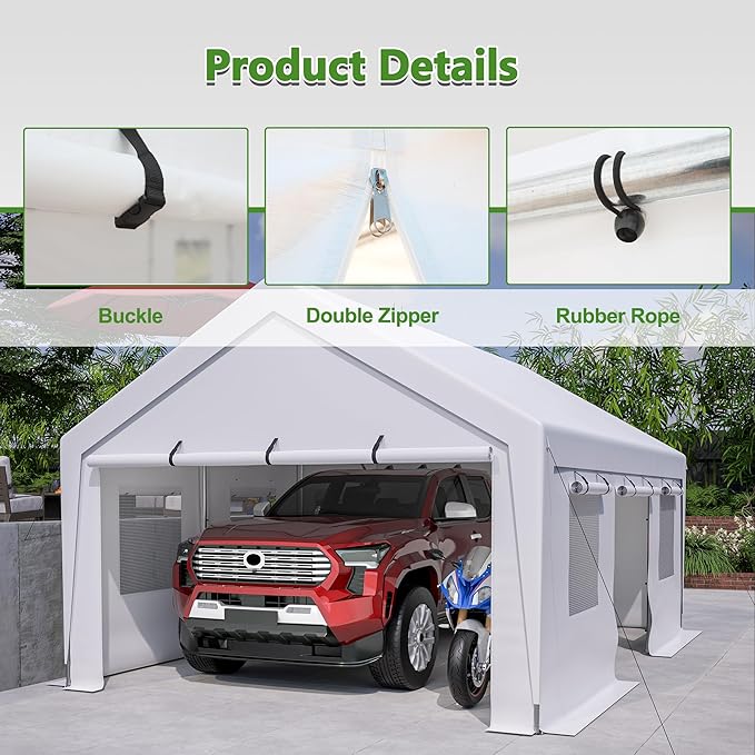 13x20 ft Heavy Duty Carport with Removable Sidewalls & Roll-up Windows, Portable Garage Tent with Doors, All-Season Outdoor Canopy Shelter for Car, Truck, Boat, White