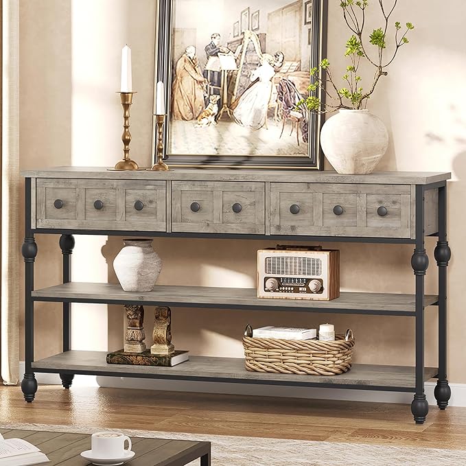 GarveeHome 52" Console Table, Entryway Table with 3 Storage Drawers, 3 Tier Industrial Metal Sofa Table, Behind Couch Table, Hallway Table for Entry, Living Room-Grey