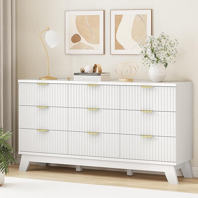 Fluted Dresser for Bedroom with 9 Drawers, 57" Wide Modern Chest of Drawers with Metal Handle, Wooden Dresser TV Stand, Wood Closet Clothes Storage Organizer for Living Room, Hallway, White
