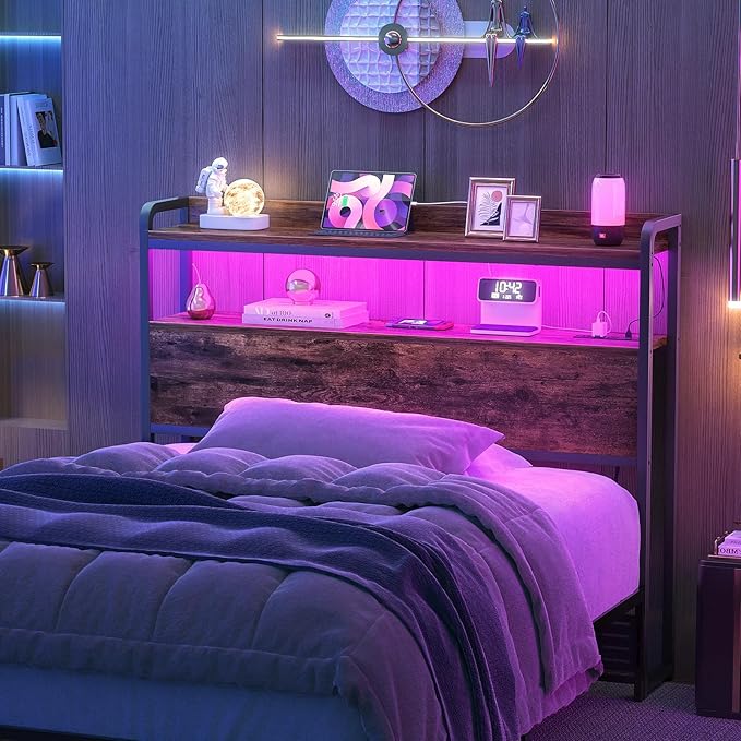 Aheaplus Headboard for Twin Size Bed Frame, Headboards with Outlets, USB Ports and LED Light, Head Board with Storage, Height Adjustable, Sturdy and Stable Headboard, Twin Size, Rustic Brown