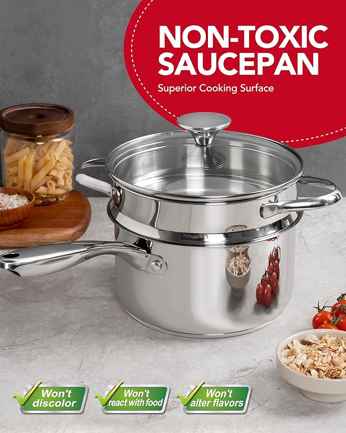 MICHELANGELO Stainless Steel Sauce Pan with Lid, 2.5 Quart Sauce Pan with Steamer Insert, Induction Saucepan, 2.5 Qt Stainless Steel Pot with Lid, Dishwasher & Oven Safe