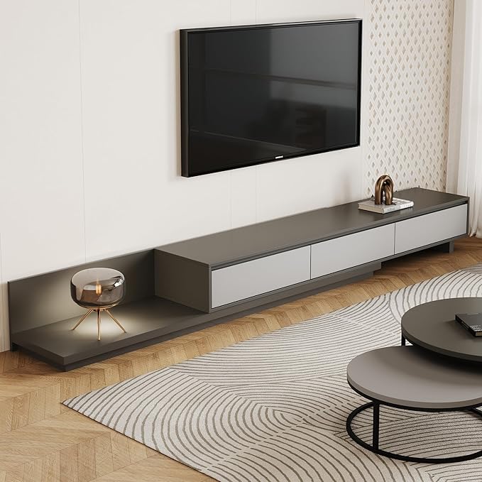 Mid-Century Modern Expandable TV Stand with 3 Drawers – Adjustable Entertainment Center for Living Room & Bedroom (79" to 130"), Stylish Gray Media Console