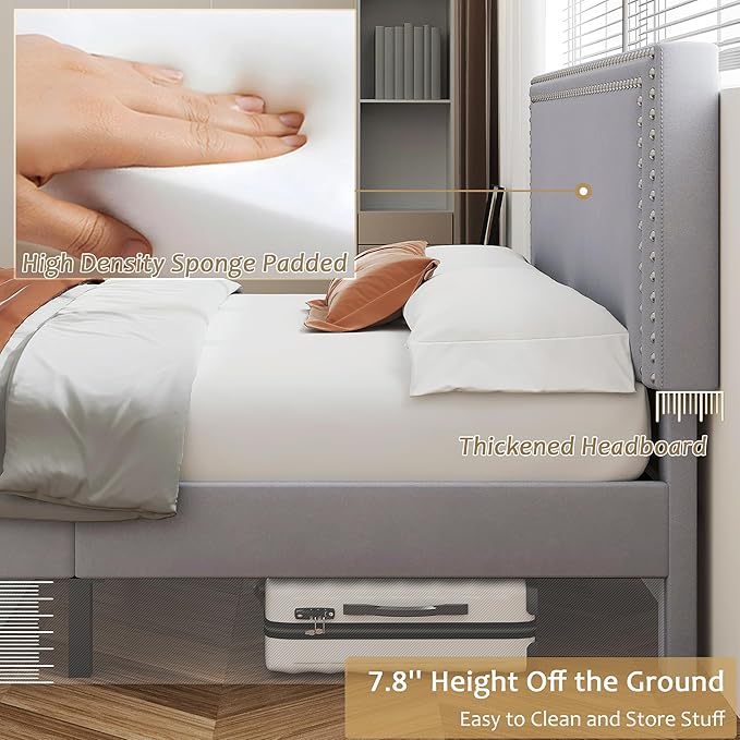 VECELO Full Size Bed Frame with Adjustable Upholstered Headboard, Wooden Slats Platform, Noise-Free Design, No Box Spring Needed, Easy Assembly