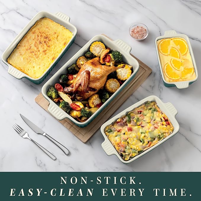 COOK WITH COLOR Casserole Dishes for Oven, Porcelain Baking Dishes, Ceramic Bakeware Sets of 4, Rectangular Pans Handles for Baking Cake Kitchen