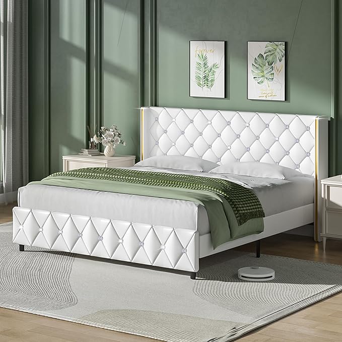 King Bed Frame with Headboard and Footboard, Velvet Upholstered Bed Frame with Diamond Tufted Design, King Size Bed with Wooden Slats Support, No Box Spring Required, Easy Assembly, Black