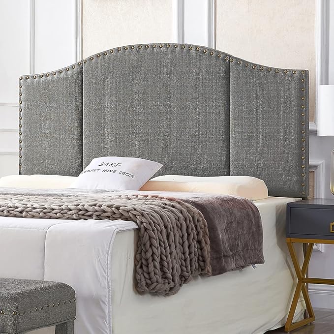 24KF Middle Century Linen Upholstered Tufted Queen Size Headboard with Antique Brass Nail Heads Trim Queen/Full headboard-Granite