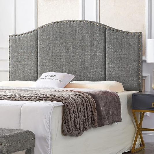 24KF Middle Century Linen Upholstered Tufted Queen Size Headboard with Antique Brass Nail Heads Trim Queen/Full headboard-Granite
