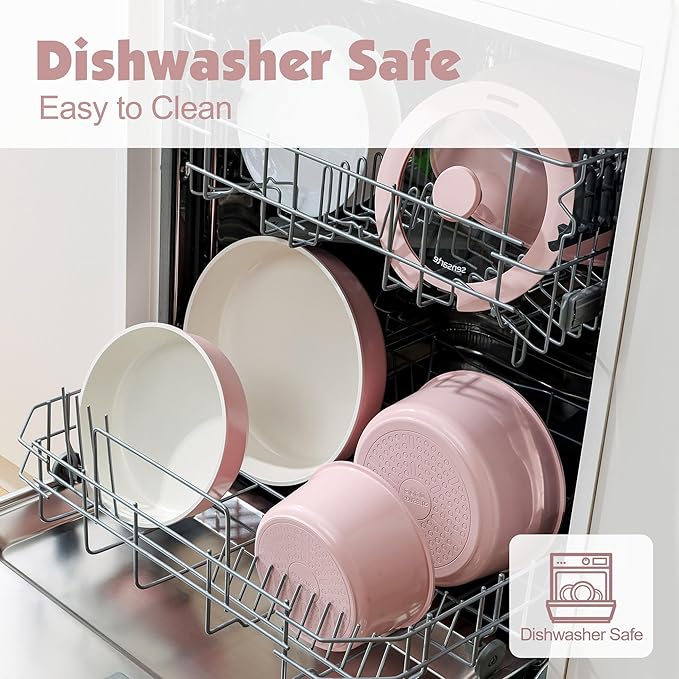 SENSARTE 17 Piece Ceramic Pots and Pans Set, Nonstick Detachable Handle Cookware, Induction Kitchen Cookware Set with Removable Handle, Dishwasher ＆ Oven Safe (Pink)