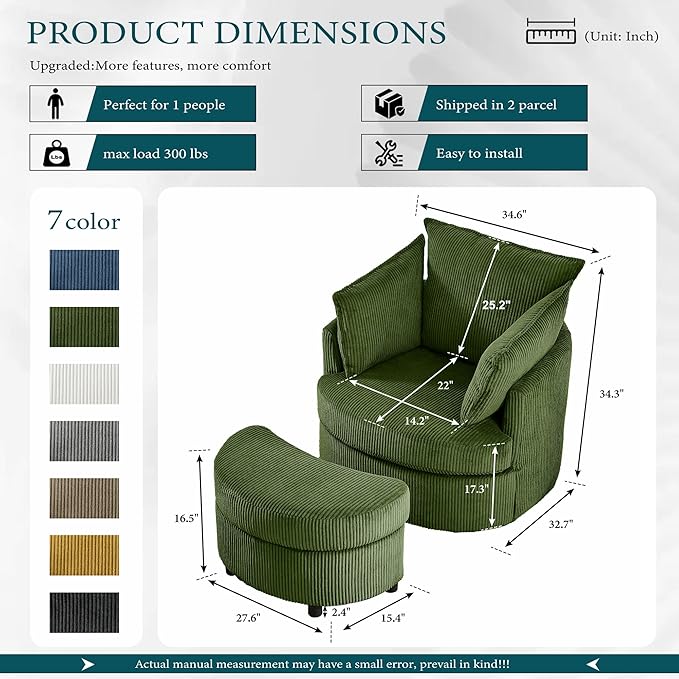 Swivel Accent Chair with Ottoman Comfy Reading Chairs for Bedroom Modern Corduroy Arm Chair 360°Swivel Barrel Chairs for Living Room,Apartment (Green, 1)