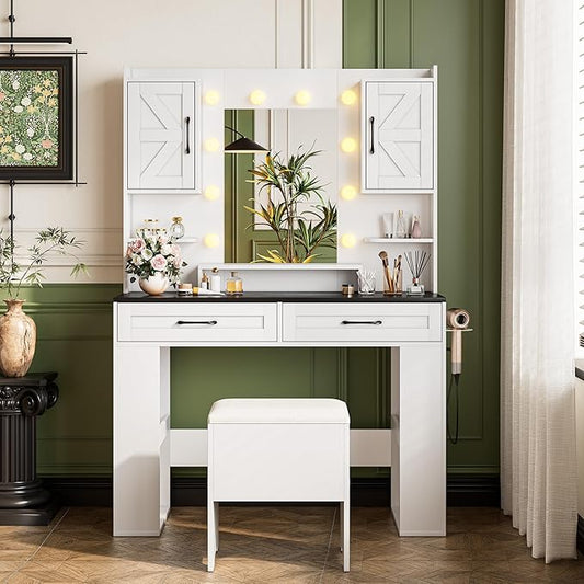 KAMABOKO Farmhouse Vanity Desk with Mirror and Lights, Large Makeup Vanity Table with 2 Drawers, Clear Glass Display Cabinet and Upholstered Storage Stool, Girls Vanity for Bedroom (037-Black)